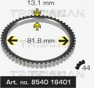 TRISCAN 854016401 - Lado de montaje: lado de rueda<br>Número de dientes: 44<br>Ancho [mm]: 13<br>Diámetro interior [mm]: 82<br>Diámetro exterior [mm]: 91<br>Lado de montaje: Eje delantero<br>Lado de montaje: Eje delantero, izquierda<br>Lado de montaje: Eje delantero, derecha<br>Número de fabricación: NZA-FR-001<br>