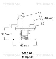 TRISCAN 86208988 - Temperatura de abertura [°C]: 87<br>Espesor [mm]: 85<br>Material junta: NBR (caucho nitril butadieno)<br>Diámetro exterior 1 [mm]: 43<br>Diámetro exterior 2 [mm]: 66<br>Peso [kg]: 0,240<br>Artículo complementario/Información complementaria: con junta<br>para OE N°: 111 200 09 15<br>Tipo de cárter/carcasa: con carcasa (cárter)<br>