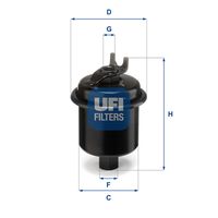 UFI 3162100 - Tipo de filtro: Filtro de tubería<br>Tipo de combustible: Gasolina<br>Diámetro exterior [mm]: 86<br>Diámetro exterior 1 [mm]: 70<br>Rosca, entrada: M14x1.5<br>Rosca, salida: M12x1.25<br>Altura [mm]: 94<br>