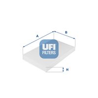 UFI 5303800 - Equipamiento de vehículo: para vehículos con climatizador automático<br>Tipo de filtro: con efecto bactericida<br>Longitud [mm]: 285<br>Ancho [mm]: 176<br>Altura [mm]: 36<br>Versión básica (art. n.º): 53.038.00<br>Versión con carbón activo (art. n.º): 54.111.00<br>