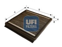 UFI 5423500 - Equipamiento de vehículo: para vehículos con climatizador<br>Tipo de filtro: Filtro de partículas<br>Longitud [mm]: 222<br>Ancho [mm]: 212<br>Altura [mm]: 19<br>Versión con carbón activo (art. n.º): 54.235.00<br>Versión de alta eficiencia con carbón activo (art. n.º): 34.235.00<br>