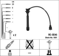 NGK 1801 - Cable de encendido: apantallado<br>Longitud 1 [mm]: 390<br>Longitud 2 [mm]: 390<br>Material: Silicona<br>Cantidad líneas: 2<br>Bujía de encendido: Versión de conexión SAE<br>Bobina de encendido: Versión de conexión DIN<br>