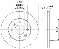 JAPANPARTS DI0714 - Lado de montaje: Eje delantero<br>corona de agujeros - Ø [mm]: 61<br>Altura [mm]: 41<br>Diámetro exterior [mm]: 259<br>Espesor de disco de frenos [mm]: 12<br>Espesor mínimo [mm]: 10,6<br>Número de taladros: 4<br>Tipo de disco de frenos: macizo<br>Homologación: ECE R90 APPROVED<br>Superficie: barnizado<br>Par apriete [Nm]: 105<br>