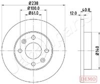 JAPANPARTS DI0714C - año construcción hasta: 09/1998<br>Diámetro exterior [mm]: 238<br>Altura [mm]: 41<br>Tipo de disco de frenos: ventilado<br>Espesor de disco de frenos [mm]: 20<br>Espesor mínimo [mm]: 17,7<br>Número de orificios: 4<br>Superficie: barnizado<br>Lado de montaje: Eje delantero<br>Par apriete [Nm]: 85<br>