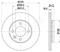 JAPANPARTS DI0952 - Lado de montaje: Eje delantero<br>Espesor de disco de frenos [mm]: 16<br>Diámetro exterior [mm]: 239<br>Tipo de disco de frenos: ventilado<br>Altura [mm]: 34,1<br>Diámetro de centrado [mm]: 65<br>corona de agujeros - Ø [mm]: 100<br>Tipo de eje: Front<br>Nº de información técnica: 78BD5303-2<br>Homologación: E1 90R-02C0289/0505<br>Homologación: E1190R02C01049/52504<br>Diámetro [mm]: 65<br>Espesor [mm]: 18<br>Espesor mínimo [mm]: 16<br>Diseño/cantidad de taladros: 4<br>Peso [kg]: 7448,000<br>