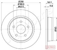 JAPANPARTS DP0302C - Diámetro exterior [mm]: 280<br>Altura [mm]: 50,8<br>Tipo de disco de frenos: macizo<br>Espesor de disco de frenos [mm]: 11<br>Espesor mínimo [mm]: 9<br>Número de orificios: 5<br>Lado de montaje: Eje trasero<br>