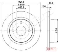 JAPANPARTS DP0329C - Lado de montaje: Eje trasero<br>Espesor de disco de frenos [mm]: 12<br>Cantidad de agujeros de fijación: 4<br>Espesor [mm]: 40,0<br>Diámetro exterior [mm]: 252,8<br>corona de agujeros - Ø [mm]: 108<br>Tipo de disco de frenos: macizo<br>Espesor mínimo [mm]: 10<br>Diámetro de centrado [mm]: 63,6<br>