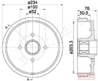 JAPANPARTS TA0409C - Lado de montaje: Eje trasero<br>Dinámica de frenado / conducción: para vehículos con ABS<br>Diámetro exterior del tambor de freno [mm]: 234<br>H tamb. freno total [mm]: 76<br>Diámetro interior de tambor de freno [mm]: 203<br>H tamb. freno interna [mm]: 51<br>Rebajado máx. tambor de freno [mm]: 204,5<br>Diseño/cantidad de taladros: 04/04<br>corona de agujeros - Ø [mm]: 100<br>Diámetro de centrado [mm]: 52<br>Diám. muñón del eje [mm]: 25<br>Diámetro de orificio para perno de rueda [mm]: 12<br>Artículo complementario / información complementaria 2: con buje de rueda<br>Artículo complementario / información complementaria 2: con anillo sensor ABS<br>Artículo complementario / información complementaria 2: con cojinete rueda<br>Artículo complementario / información complementaria 2: sin perno de sujeción de rueda<br>Peso [kg]: 5,6<br>Nº de información técnica: 61427<br>