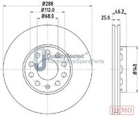 JAPANPARTS DI0910C - Número de PR: 1ZC<br>Diámetro exterior [mm]: 288<br>Altura [mm]: 46<br>Tipo de disco de frenos: ventilado<br>Espesor de disco de frenos [mm]: 25<br>Espesor mínimo [mm]: 23<br>Número de orificios: 5,1<br>Lado de montaje: Eje delantero<br>Par apriete [Nm]: 120<br>