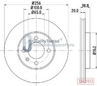 JAPANPARTS DI0935C - Diámetro exterior [mm]: 256<br>Altura [mm]: 38,7<br>Tipo de disco de frenos: ventilado<br>Espesor de disco de frenos [mm]: 20<br>Espesor mínimo [mm]: 18<br>Número de orificios: 4<br>Lado de montaje: Eje delantero<br>Par apriete [Nm]: 110<br>