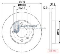 JAPANPARTS DI0938C - Diámetro exterior [mm]: 239<br>Altura [mm]: 35<br>Tipo de disco de frenos: macizo<br>Espesor de disco de frenos [mm]: 12<br>Espesor mínimo [mm]: 10<br>Número de orificios: 4<br>Lado de montaje: Eje delantero<br>Par apriete [Nm]: 120<br>