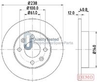 JAPANPARTS DI142C - año construcción hasta: 05/1998<br>Tipo de disco de frenos: macizo<br>Diámetro exterior [mm]: 238<br>Espesor de disco de frenos [mm]: 12,0<br>Altura [mm]: 40,8<br>Espesor mínimo [mm]: 10,5<br>Superficie: barnizado<br>Lado de montaje: Eje delantero<br>Número de taladros: 4<br>Par apriete [Nm]: 90<br>