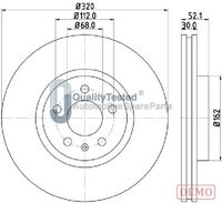 JAPANPARTS DI0921C - Número de PR: 1LA<br>Diámetro exterior [mm]: 320<br>Altura [mm]: 52,4<br>Tipo de disco de frenos: ventilado<br>Espesor de disco de frenos [mm]: 30<br>Espesor mínimo [mm]: 28<br>Número de orificios: 5<br>Superficie: barnizado<br>Lado de montaje: Eje delantero<br>