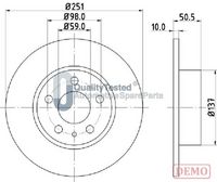 JAPANPARTS DP0202C - Diámetro exterior [mm]: 284<br>Altura [mm]: 43,5<br>Tipo de disco de frenos: ventilado<br>Espesor de disco de frenos [mm]: 22<br>Espesor mínimo [mm]: 20,2<br>Número de orificios: 5<br>Diámetro de centrado [mm]: 59<br>Superficie: barnizado<br>Lado de montaje: Eje delantero<br>corona de agujeros - Ø [mm]: 98<br>