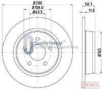 JAPANPARTS DP0302C - Diámetro exterior [mm]: 280<br>Altura [mm]: 50,8<br>Tipo de disco de frenos: macizo<br>Espesor de disco de frenos [mm]: 11<br>Espesor mínimo [mm]: 9<br>Número de orificios: 5<br>Lado de montaje: Eje trasero<br>