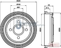 JAPANPARTS TA0403C - Lado de montaje: Eje trasero<br>Clase de caja de cambios: Caja de cambios manual<br>Diámetro interior de tambor de freno [mm]: 200<br>H tamb. freno interna [mm]: 38<br>corona de agujeros - Ø [mm]: 100<br>H tamb. freno total [mm]: 56<br>Diámetro exterior del tambor de freno [mm]: 228<br>Número de orificios: 4<br>Diámetro de centrado [mm]: 57<br>