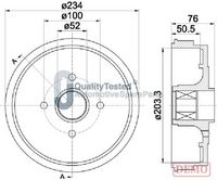 JAPANPARTS TA0707C - Lado de montaje: Eje trasero<br>Dinámica de frenado / conducción: para vehículos con ABS<br>Diámetro interior de tambor de freno [mm]: 203,3<br>H tamb. freno interna [mm]: 50,5<br>Diámetro exterior del tambor de freno [mm]: 234<br>H tamb. freno total [mm]: 76<br>corona de agujeros - Ø [mm]: 100<br>Rebajado máx. tambor de freno [mm]: 204,5<br>Número de orificios: 4<br>Diámetro de centrado [mm]: 52<br>Superficie: barnizado<br>