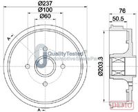 JAPANPARTS TA0700C - Lado de montaje: Eje trasero<br>Diámetro exterior del tambor de freno [mm]: 237<br>H tamb. freno total [mm]: 76<br>Diámetro interior de tambor de freno [mm]: 203<br>H tamb. freno interna [mm]: 51<br>Rebajado máx. tambor de freno [mm]: 204,5<br>Diseño/cantidad de taladros: 04/04<br>corona de agujeros - Ø [mm]: 100<br>Diámetro de centrado [mm]: 52<br>Diám. muñón del eje [mm]: 25<br>Diámetro de orificio para perno de rueda [mm]: 12<br>Artículo complementario / información complementaria 2: con buje de rueda<br>Artículo complementario / información complementaria 2: con anillo sensor ABS<br>Artículo complementario / información complementaria 2: con cojinete rueda<br>Artículo complementario / información complementaria 2: sin perno de sujeción de rueda<br>Peso [kg]: 6,2<br>Nº de información técnica: 61417<br>