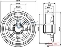 JAPANPARTS TA0612C - Restricción de fabricante: Lucas<br>Dinámica de frenado / conducción: para vehículos con ABS<br>Frenos: para vehículos con freno de tambor en eje trasero<br>Diámetro interior de tambor de freno [mm]: 203<br>H tamb. freno interna [mm]: 46,5<br>Diámetro exterior del tambor de freno [mm]: 247<br>H tamb. freno total [mm]: 81,5<br>Diseño/cantidad de taladros: 04/04<br>corona de agujeros - Ø [mm]: 108<br>Diámetro de centrado [mm]: 52<br>Rebajado máx. tambor de freno [mm]: 204,5<br>Diámetro de orificio para perno de rueda [mm]: 12<br>Número de orificios: 4<br>Superficie: barnizado<br>Lado de montaje: Eje trasero<br>