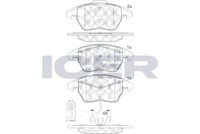 ICER 181567 - Lado de montaje: Eje trasero<br>Número de PR: 1KW<br>Ancho [mm]: 105,5<br>Altura [mm]: 56,3<br>Espesor [mm]: 17,2<br>Contacto avisador de desgaste: no preparado para indicador de desgaste<br>Artículo complementario / información complementaria 2: con tornillos pinza freno<br>Artículo complementario/Información complementaria: con accesorios<br>Número de WVA: 24483<br>Sistema de frenos: Lucas<br>Peso [kg]: 1,151<br>Nº de información técnica: T2633<br>