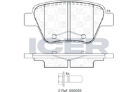 ICER 181967 - Lado de montaje: Eje trasero<br>Número de PR: 1KJ<br>Número de PR: 1KV<br>Ancho [mm]: 105,3<br>Altura [mm]: 56,1<br>Espesor [mm]: 17<br>Calidad: 944<br>Tipo de eje: Rear<br>Nº de información técnica: 181600-703<br>Sistema de frenos: LUCAS-TRW<br>Homologación: E9 90R-01110/750<br>