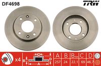 TRW DF4698 - Lado de montaje: Eje trasero<br>Tipo de disco de frenos: macizo<br>Diámetro exterior [mm]: 258<br>Espesor de disco de frenos [mm]: 10<br>Espesor mínimo [mm]: 8<br>Diámetro de centrado [mm]: 76<br>Altura [mm]: 40,2<br>Número de orificios: 4<br>Medida de rosca: 12,5<br>corona de agujeros - Ø [mm]: 114<br>Color: negro<br>Superficie: barnizado<br>Homologación: E190R-02C0190/0193<br>