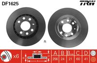 TRW DF1625 - Lado de montaje: Eje delantero<br>Diámetro exterior [mm]: 256<br>Tipo de disco de frenos: ventilado<br>Número de orificios: 4<br>Espesor de disco de frenos [mm]: 24<br>Restricción de fabricante: BREMBO<br>