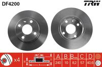 TRW DF4200 - Lado de montaje: Eje delantero<br>año construcción desde: 11/2004<br>Tipo de disco de frenos: ventilado<br>Diámetro exterior [mm]: 260<br>Espesor de disco de frenos [mm]: 24<br>Espesor mínimo [mm]: 21<br>Diámetro de centrado [mm]: 60<br>Altura [mm]: 41,1<br>Llanta, nº de taladros: 4<br>Número de orificios: 6<br>corona de agujeros - Ø [mm]: 100<br>Medida de rosca: 14,25<br>Color: negro<br>Superficie: barnizado<br>Homologación: E190R-02C0176/0529<br>