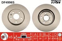 TRW DF4996S - Lado de montaje: Eje delantero<br>Tamaño de llanta [pulgada]: 16,0<br>Tipo de disco de frenos: ventilado<br>Diámetro exterior [mm]: 296<br>Espesor de disco de frenos [mm]: 30<br>Espesor mínimo [mm]: 27<br>Número de orificios: 5<br>Altura [mm]: 51,5<br>Diámetro de centrado [mm]: 67,4<br>corona de agujeros - Ø [mm]: 120<br>Medida de rosca: 16,3<br>Color: negro<br>Superficie: barnizado<br>Procesamiento: altamente carbonizado<br>