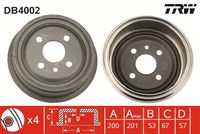 TRW DB4002 - para el tipo de serie del modelo: Lanos<br>Lado de montaje: Eje trasero<br>Ref. artículo dinámica frenado/marcha: para ABS<br>para el tipo de serie del modelo: Sens<br>Lado de montaje: Eje trasero<br>Ref. artículo dinámica frenado/marcha: para ABS<br>H tamb. freno interna [mm]: 53<br>Número de orificios: 4<br>Superficie: revestido<br>Diámetro de tambor [mm]: 200<br>Altura de construcción [mm]: 67<br>