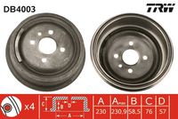 TRW DB4003 - Lado de montaje: Eje trasero<br>Espesor [mm]: 60<br>Número de piezas necesarias: 2<br>Número de orificios: 4<br>Diámetro interior de tambor de freno [mm]: 230<br>