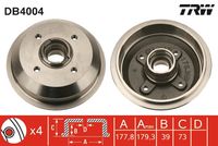 TRW DB4004 - Lado de montaje: Eje trasero<br>Diámetro de tambor [mm]: 178<br>H tamb. freno interna [mm]: 39<br>Número de orificios: 4<br>corona de agujeros - Ø [mm]: 108<br>Rebajado máx. tambor de freno [mm]: 179,3<br>