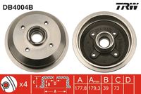 TRW DB4004B - Lado de montaje: Eje trasero<br>Diámetro de tambor [mm]: 177,8<br>H tamb. freno total [mm]: 73<br>Diámetro de centrado [mm]: 50,2<br>Diámetro exterior del tambor de freno [mm]: 216<br>Rosca 1: M12 x 1,5<br>Rebajado máx. tambor de freno [mm]: 179,3<br>H tamb. freno interna [mm]: 39<br>Número de orificios: 4<br>corona de agujeros - Ø [mm]: 108<br>SVHC: No hay información disponible, diríjase al fabricante.<br>