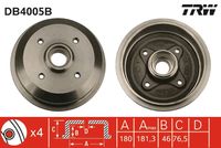 TRW DB4005B - Lado de montaje: Eje trasero<br>Diámetro de tambor [mm]: 180,0<br>Rebajado máx. tambor de freno [mm]: 181,3<br>H tamb. freno interna [mm]: 46<br>H tamb. freno total [mm]: 77<br>Diámetro de centrado [mm]: 50,2<br>Diámetro exterior del tambor de freno [mm]: 216<br>Rosca 1: M12 x 1,5<br>Número de orificios: 4<br>corona de agujeros - Ø [mm]: 108<br>SVHC: No hay información disponible, diríjase al fabricante.<br>