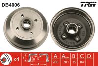 TRW DB4006 - Código de motor: X 15 D<br>Dinámica de frenado / conducción: para vehículos sin ABS<br>Llanta, nº de taladros: 4<br>Ancho [mm]: 35<br>Espesor [mm]: 83,9<br>Diámetro interior [mm]: 200<br>Diámetro exterior [mm]: 228<br>corona de agujeros - Ø [mm]: 100<br>Rebajado máx. tambor de freno [mm]: 201<br>Lado de montaje: Eje trasero<br>Diámetro de centrado [mm]: 50,2<br>Peso [kg]: 4,5<br>