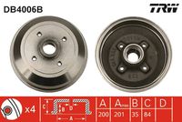 TRW DB4006B - Lado de montaje: Eje trasero<br>Dinámica de frenado / conducción: para vehículos sin ABS<br>H tamb. freno total [mm]: 84<br>Diámetro de tambor [mm]: 200,0<br>Rebajado máx. tambor de freno [mm]: 201<br>Diámetro de centrado [mm]: 39,8<br>Diámetro exterior del tambor de freno [mm]: 228<br>Rosca 1: M12 x 1,5<br>H tamb. freno interna [mm]: 35<br>Número de orificios: 4<br>corona de agujeros - Ø [mm]: 100<br>SVHC: No hay información disponible, diríjase al fabricante.<br>