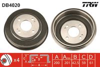 MDR MBD2403 - Lado de montaje: Eje trasero<br>Diámetro interior de tambor de freno [mm]: 200<br>H tamb. freno interna [mm]: 42<br>Diámetro de orificio de cubo [mm]: 61<br>Número de taladros: 4<br>Superficie: barnizado<br>H tamb. freno total [mm]: 59<br>Diámetro de centrado [mm]: 61<br>