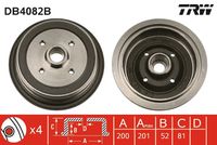 TRW DB4082 - Lado de montaje: Eje trasero<br>Espesor [mm]: 40<br>Número de piezas necesarias: 2<br>Diámetro interior de tambor de freno [mm]: 200<br>