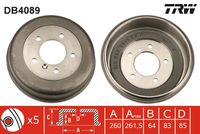 TRW DB4089 - Diámetro de tambor [mm]: 260<br>H tamb. freno interna [mm]: 64<br>Diámetro de centrado [mm]: 85<br>Altura [mm]: 83<br>Número de orificios: 5<br>Lado de montaje: Eje trasero<br>
