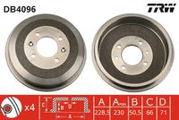 TRW DB4096 - Lado de montaje: Eje trasero<br>Número de orificios: 4<br>Superficie: revestido<br>Diámetro de tambor [mm]: 228,5<br>