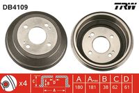 TRW DB4109 - Lado de montaje: Eje trasero<br>H tamb. freno total [mm]: 59<br>Diámetro de centrado [mm]: 61<br>Diámetro exterior del tambor de freno [mm]: 220<br>Diámetro de orificio 1 [mm]: 12,8<br>Rosca 2: M8 x 1,25<br>Diámetro de tambor [mm]: 200,0<br>Rebajado máx. tambor de freno [mm]: 201<br>H tamb. freno interna [mm]: 43<br>Número de orificios: 4<br>corona de agujeros - Ø [mm]: 100<br>Homologación: E1 90R-02 D0929/0711<br>SVHC: No hay información disponible, diríjase al fabricante.<br>