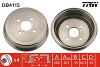 TRW DB4115 - Suspensión: para vehículos con dispositivo auxiliar para caminos malos<br>Modelo por país: Australia<br>Modelo por país: Japón<br>Lado de montaje: Eje trasero<br>Peso [kg]: 4,43<br>H tamb. freno interna [mm]: 55<br>Número de taladros: 4<br>Diámetro interior de tambor de freno [mm]: 200<br>Diámetro de orificio de cubo [mm]: 55<br>long. de embalaje [cm]: 24,50<br>Ancho de embalaje [cm]: 24,00<br>h embalaje [cm]: 8,00<br>