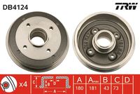 TRW DB4124 - Lado de montaje: Eje trasero<br>Número de piezas necesarias: 2<br>Tipo de freno: Tambor<br>Preparación del combustible: Carburador<br>Diámetro [mm]: 212<br>Ancho [mm]: 73<br>Diámetro interior [mm]: 180<br>Número de orificios: 4<br>Artículo complementario / información complementaria 2: con cojinete rueda incorporado<br>