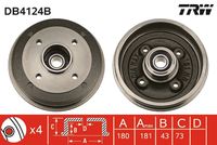 TRW DB4124B - Lado de montaje: Eje trasero<br>Diámetro interior de tambor de freno [mm]: 180<br>Rebajado máx. tambor de freno [mm]: 181<br>H tamb. freno interna [mm]: 43<br>Número de orificios: 4<br>corona de agujeros - Ø [mm]: 108<br>SVHC: No hay información disponible, diríjase al fabricante.<br>