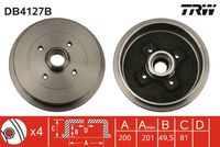 TRW DB4127 - Lado de montaje: Eje trasero<br>Espesor [mm]: 40<br>Número de piezas necesarias: 2<br>Diámetro interior de tambor de freno [mm]: 200<br>