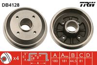 TRW DB4128 - Lado de montaje: Eje trasero<br>Ancho [mm]: 30<br>Número de piezas necesarias: 2<br>Número de orificios: 4<br>Artículo complementario / información complementaria 2: sin cojinete rueda<br>Diámetro interior de tambor de freno [mm]: 180<br>