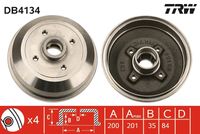 TRW DB4134 - Lado de montaje: Eje trasero<br>Dinámica de frenado / conducción: para vehículos sin ABS<br>H tamb. freno total [mm]: 84<br>Diámetro de centrado [mm]: 39,8<br>Diámetro exterior del tambor de freno [mm]: 228<br>Rosca 1: M12x1,5<br>Diámetro de tambor [mm]: 200<br>Rebajado máx. tambor de freno [mm]: 201<br>H tamb. freno interna [mm]: 35<br>Número de orificios: 4<br>corona de agujeros - Ø [mm]: 100<br>Artículo complementario / información complementaria 2: con apoyo<br>Artículo complementario / información complementaria 2: sin anillo sensor ABS<br>SVHC: No hay información disponible, diríjase al fabricante.<br>