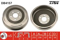 TRW DB4157 - Lado de montaje: Eje trasero<br>Superficie: revestido<br>H tamb. freno total [mm]: 85<br>H tamb. freno interna [mm]: 67<br>Diámetro exterior del tambor de freno [mm]: 298<br>Diámetro interior de tambor de freno [mm]: 256<br>corona de agujeros - Ø [mm]: 98<br>Diámetro de centrado [mm]: 59<br>