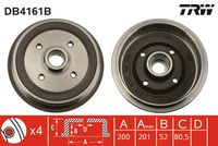 TRW DB4161 - Lado de montaje: Eje trasero<br>año construcción desde: 08/1989<br>H tamb. freno total [mm]: 81<br>Diámetro exterior del tambor de freno [mm]: 220<br>Rosca 1: M14 x 1,5<br>Diámetro de tambor [mm]: 200<br>Rebajado máx. tambor de freno [mm]: 201<br>H tamb. freno interna [mm]: 52<br>Número de orificios: 4<br>corona de agujeros - Ø [mm]: 108<br>Artículo complementario / información complementaria 2: con apoyo<br>Artículo complementario / información complementaria 2: sin anillo sensor ABS<br>SVHC: No hay información disponible, diríjase al fabricante.<br>