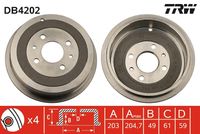 TRW DB4202 - Lado de montaje: Eje trasero<br>H tamb. freno interna [mm]: 61<br>Número de orificios: 4<br>Superficie: revestido<br>Diámetro de tambor [mm]: 203<br>